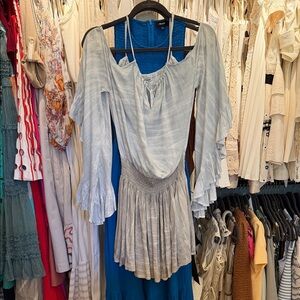 Tiare Hawaii Light Blue Long Sleeve Off-Shoulder Ruffle Dress